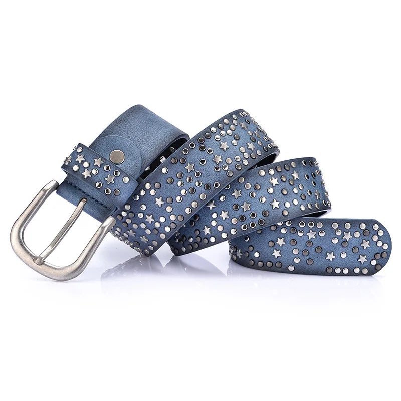 Women New Fashion Rivets Belt Vintage Punk Pin Buckle Geometry Leather Belts for Female Waistband Belt