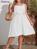 Plus Size Sleeveless Summer Slip Dress Women Square Collar Modis High Waist Ladies Dresses A-Line Loose Ruffle Woman Midi Dress