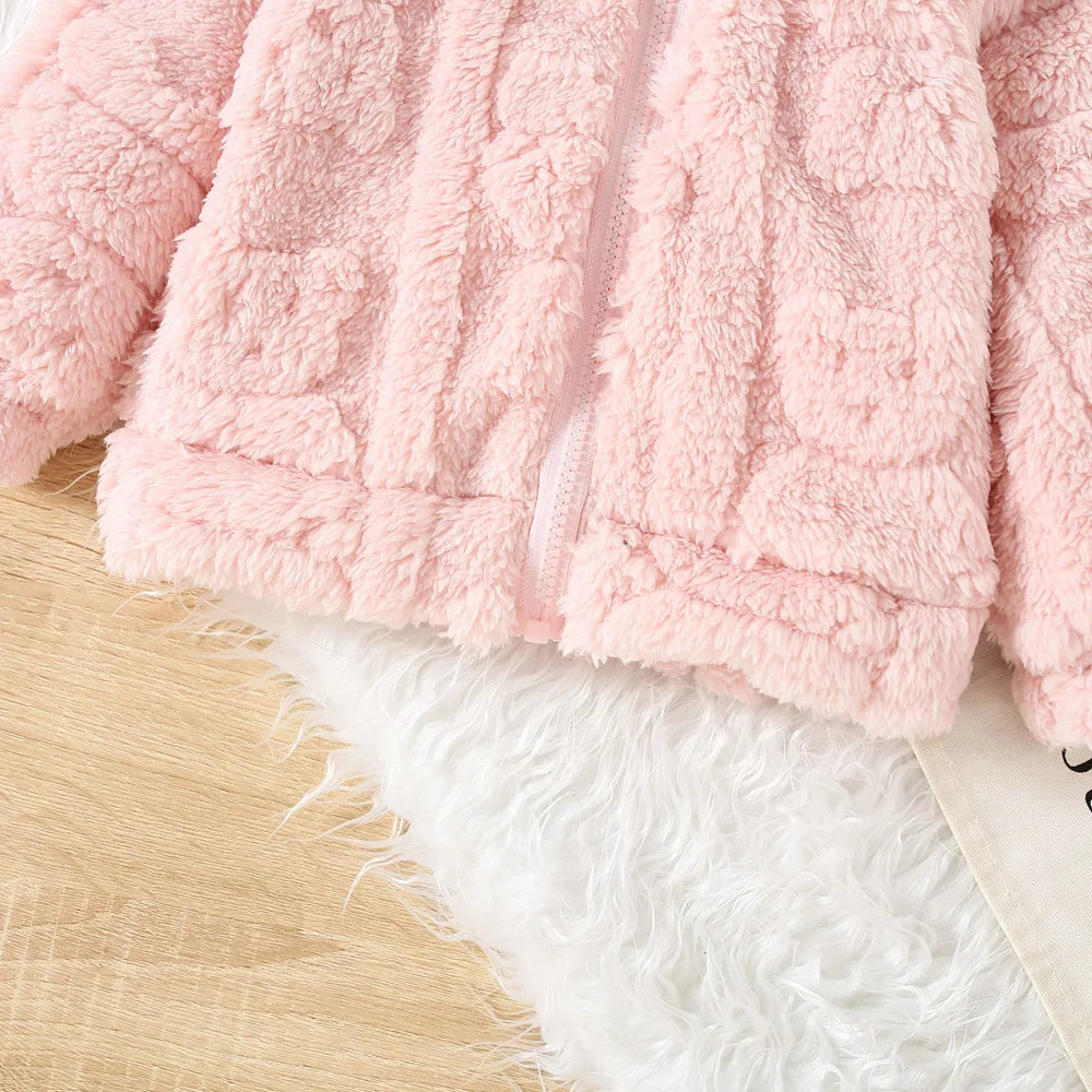 Autumn And Winter Girls' Outerwear Top Cute Hooded Fur Coat Jacket Sweet Solid Color Warm Baby Girl Clothing