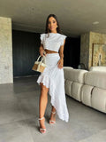 White Elegant Two Piece Set for Women 2024 Casual Retro Women's Clothing Short Top Long Skirt Women's Suit