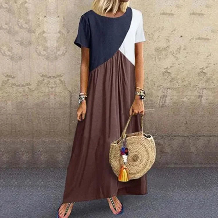 Women Bohemian Geometric Stitching Patchwork Contrast Short-sleeve Boho Dress Casual Long Maxi Beach Dresses Large Size