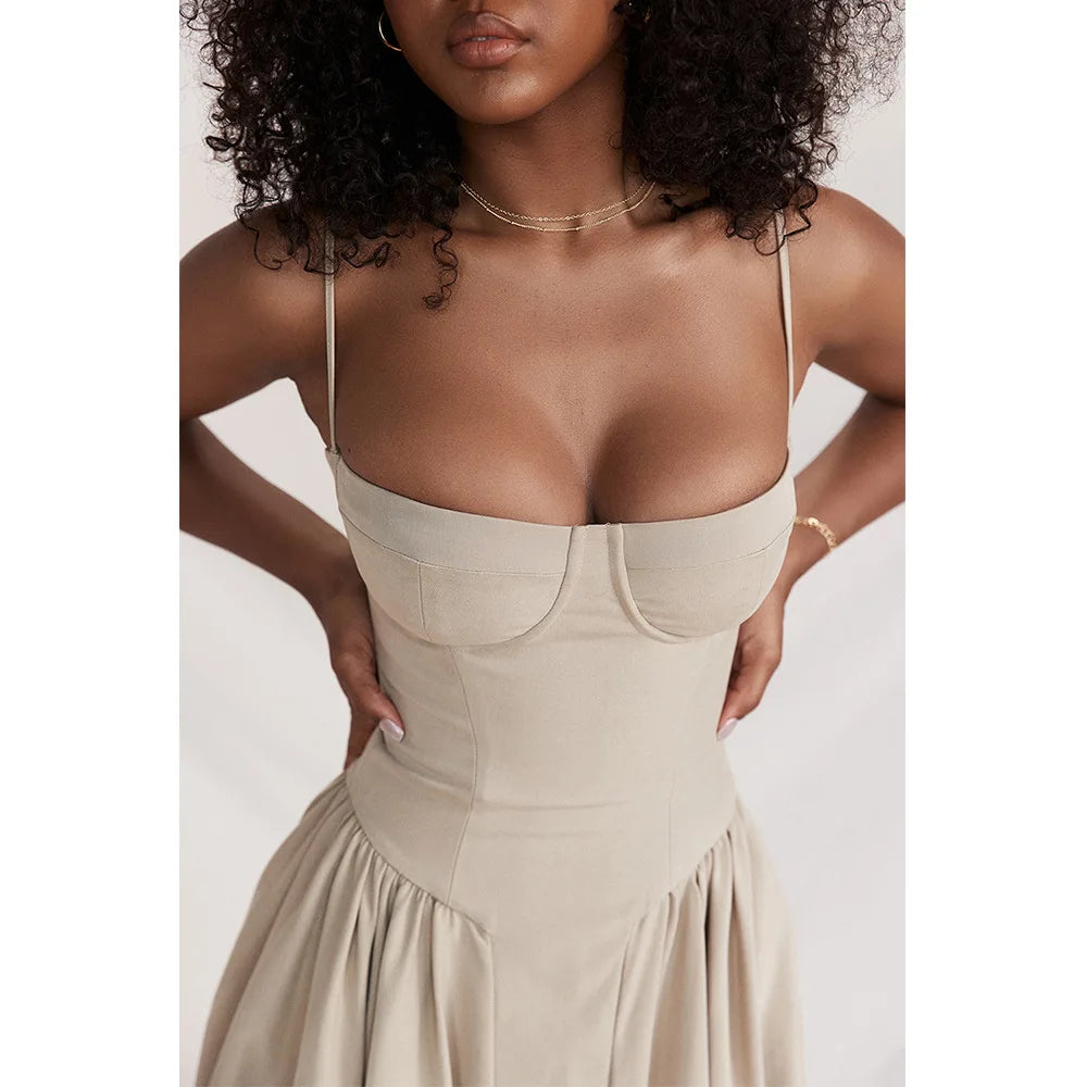 Summer Women Elegant Sleeveless Backless Pleated Dresses Lady Sexy Solid Sling Midi Dress 2024 Female Party Evening A-line Robes