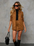 Elegant Brown Suede Jacket Women Fashion Lapel Long Sleeve With Pocket Coat Mini Skirt Suit 2024 New Autumn Lady High Streetwear