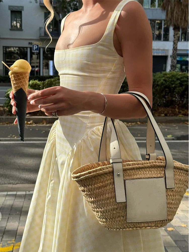 Elegant Sleeveless Pleat Mini Dress High Waist Square Neck Yellow Plaid Patchwork A-line Chic Women Robe 2025 Fashion Streetwear