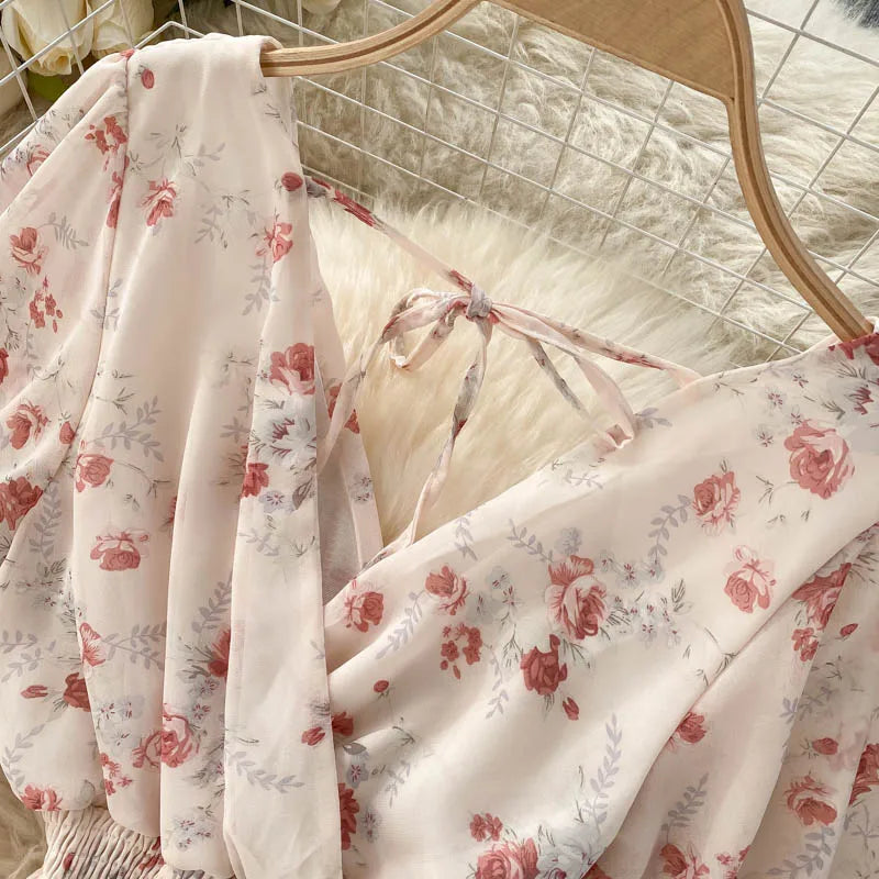 Retro Floral Print Ruffle Chiffon Elegant Midi Dress A-line V Neck Beach Vacation Dress Women Korean Fashion Summer Vestidos