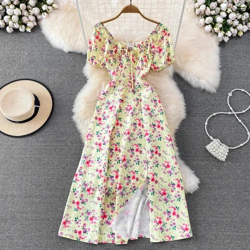 Summer Vintage Dress Blue Floral Summer Bubble Sleeve Tie Up Sexy Dresses Women A-line Print Split Long Dress Elegant Vestidos