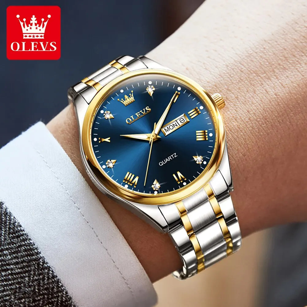 OLEVS Brand Men's Quartz Watch Stainless Steel Waterproof Luminous Fashion Strap Business Men's Quartz Wristwatch Gold Watch