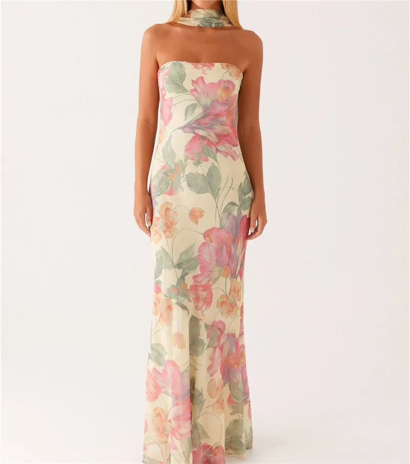 hirigin Womens Floral Strapless Dress Y2k Backless Sleeveless Tube Long Dresses Sexy Mesh Bodycon Summer Beach Party Sundress