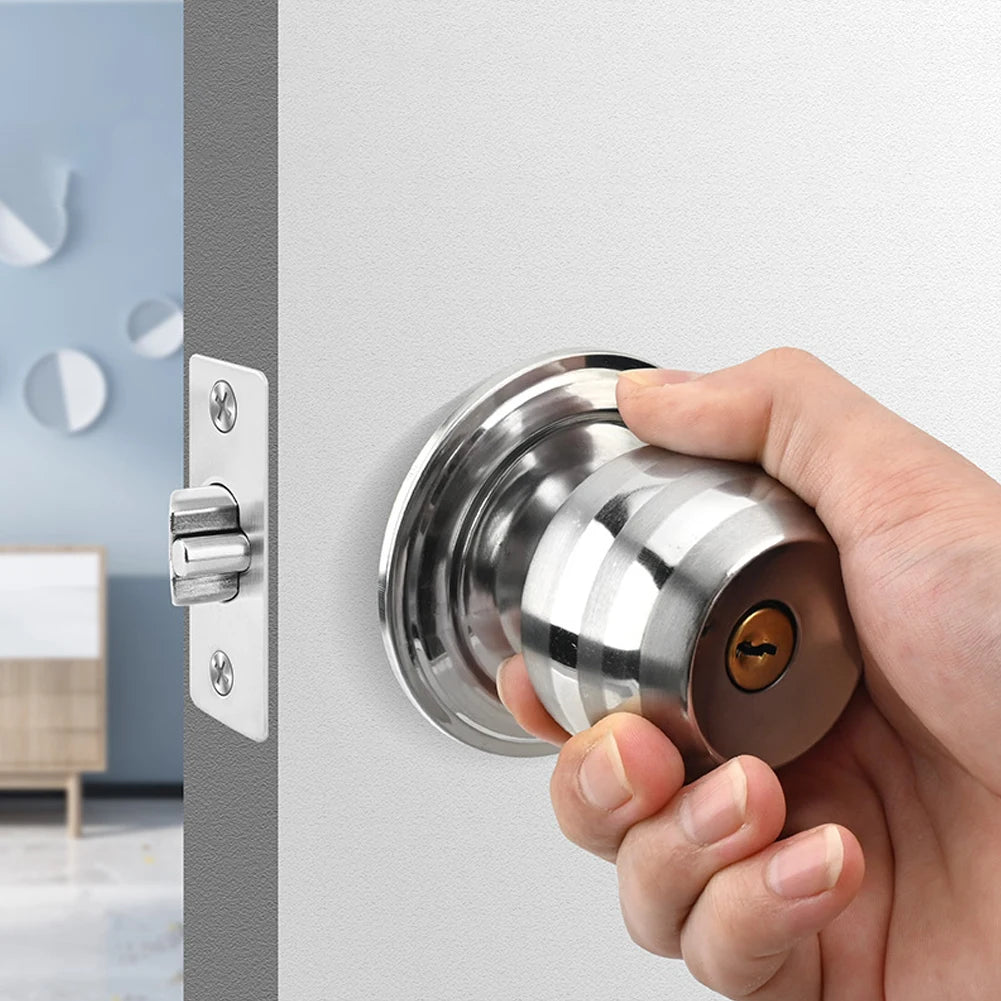 1set Safety Lock Door Handle Stainless Steel Door Knobs Entrance Round Doorknob Passage Door Lock with Key for Home Office Hotel