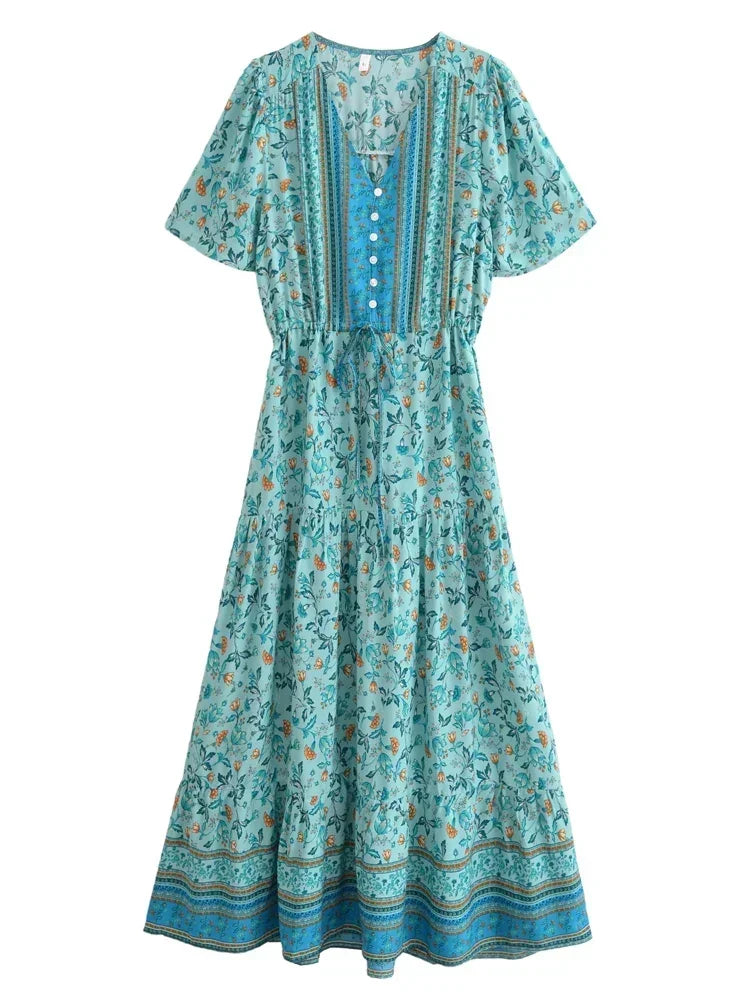 Happie Queens Women Floral Print Tie Neck Beach Bohemian Maxi Dresses Ladies Rayon Cotton Boho Pleated Dress Vestidos