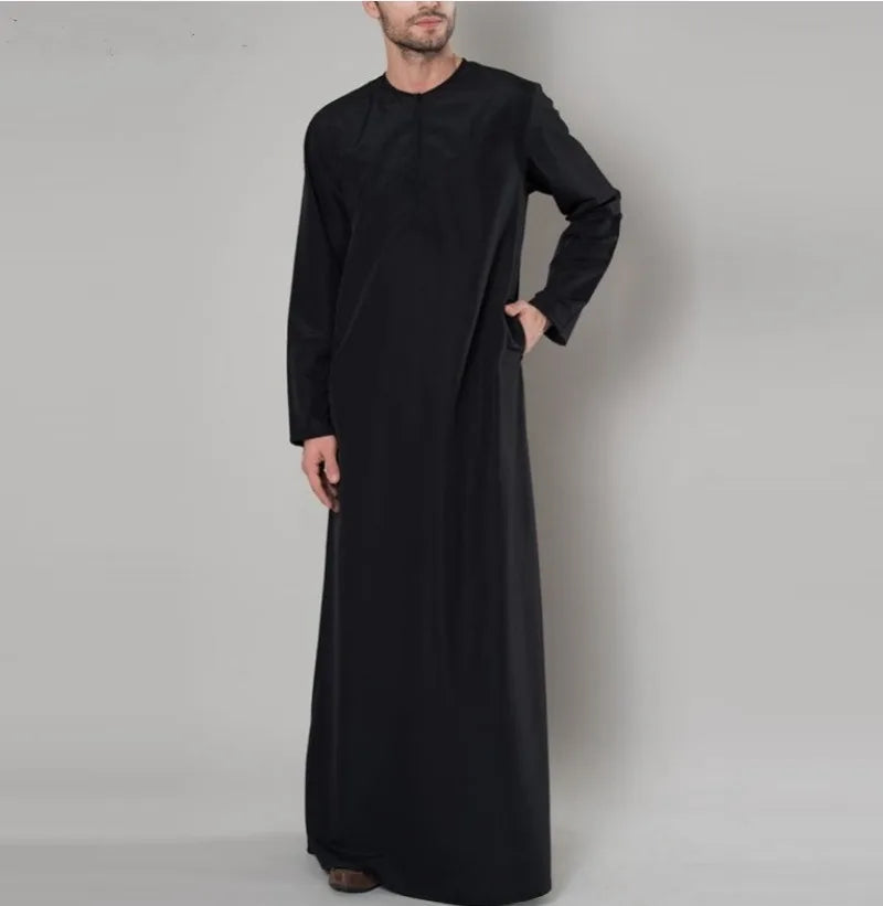 Men's Muslim Robe Middle East Saudi Arabia Dubai Islamic Loose Robe Zipper Shirt Solid Color Round Neck Long Sleeve T-shirt