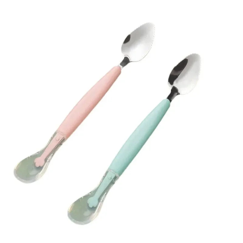 Fruit Scraping Mud Spoon Stainless Steel Baby Food Feeding Spoon Two Heads Soft Silicone Easy To Baby Feeder Utensils