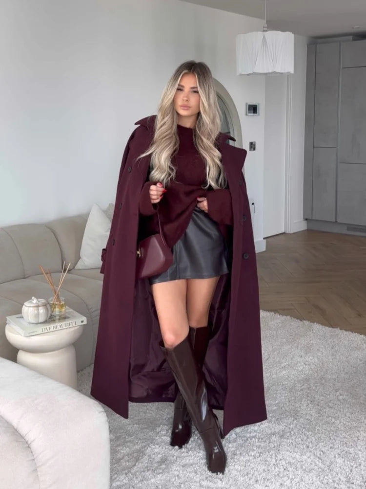 Elegant Women Purple Double Breasted Long Coats Fashion Lapel Full Sleeved Overcoat Autumn Chic Lady Commuting Street Outerwear