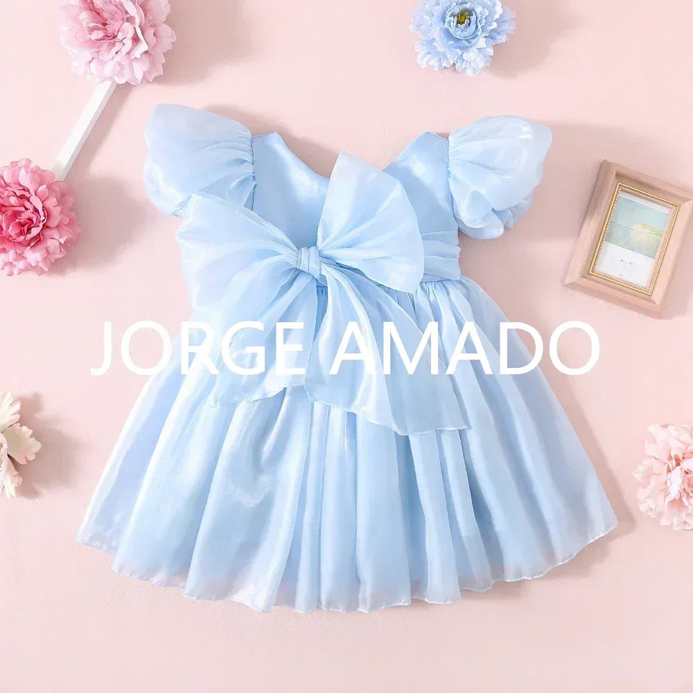 Baby Girl Summer Dress Short Puff Sleeves Large Bow Solid Round Neck Backless Princess Dresses Twins Daughter Clothing H0404