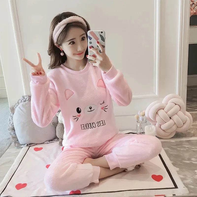 Thickened Warm Flannel Autumn and Winter Pajamas Loungewear Female Cute Cartoon Sleepwear Homewear Coral Velvet Nightwear