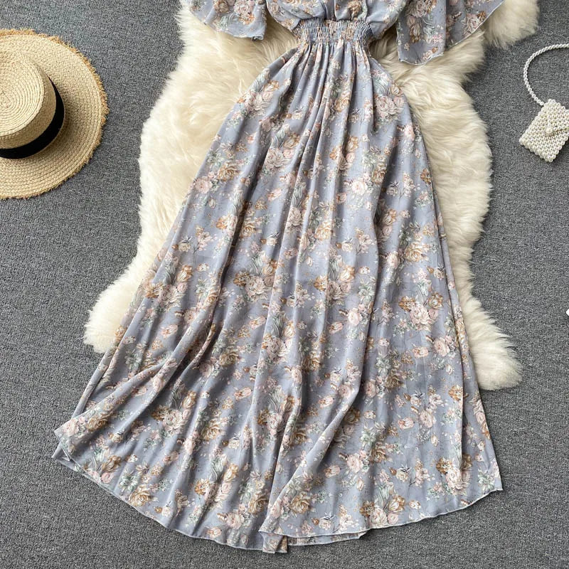 Retro Floral Print Ruffle Chiffon Elegant Midi Dress A-line V Neck Beach Vacation Dress Women Korean Fashion Summer Vestidos