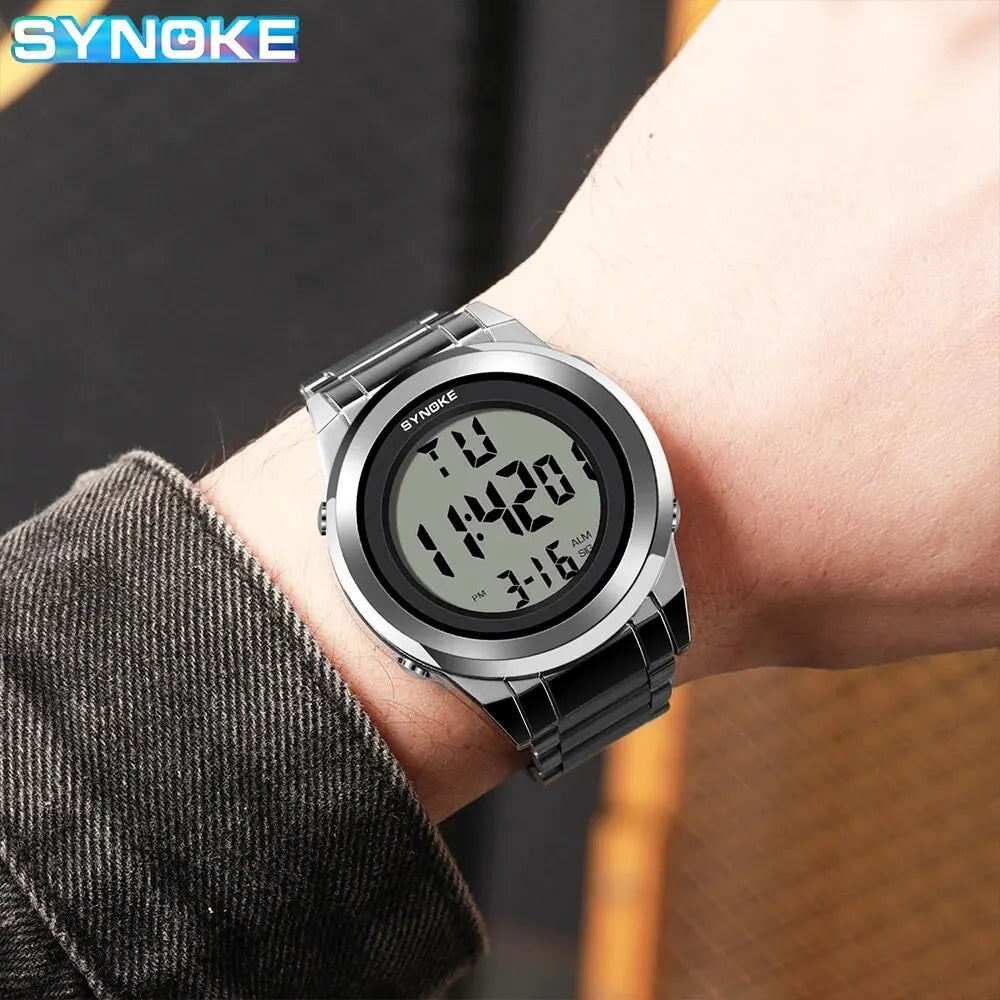 SYNOKE Top Brand Luxury Stainless Steel Alarm Hour For Mens Watches Fashion LED Men Digital Wristwatch Waterpoof