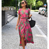 Summer Polka Dot Split Hem Long Dress Women 2023 New Fashion V Neck Print Sundress Vestidos Short Sleeved Waisted Lace-up Dress