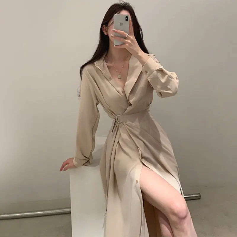 Dresses Women Single Breasted Classy Turn-down Collar Defined Waist Chic Female Vestidos Popular Daily Spring Autumn Ulzzang