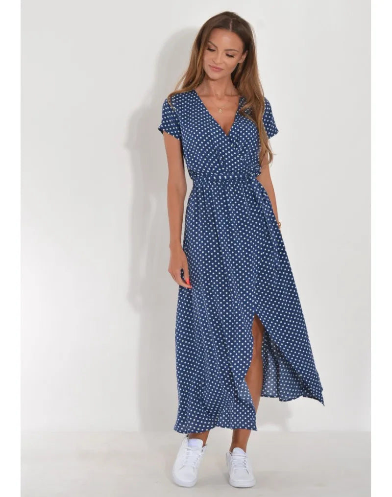 Summer Polka Dot Split Hem Long Dress Women 2023 New Fashion V Neck Print Sundress Vestidos Short Sleeved Waisted Lace-up Dress