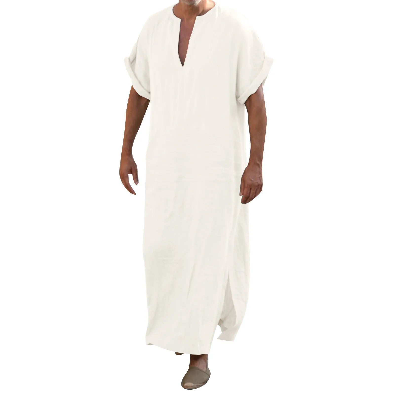 Men's Muslim Style New Mens Robe Simple Solid All-match Small V-neck Linen Jubba Thobe Comfortable Short Sleeve Robe