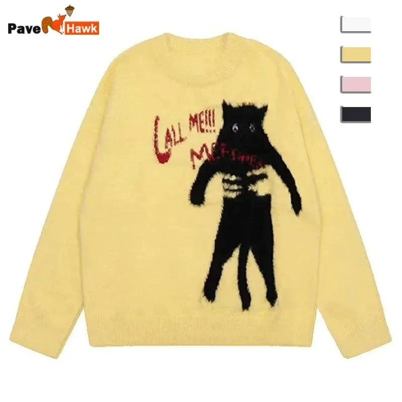 Cartoon Knitting Sweater Men Women Loose Knitted Jumpers Autumn Streetwear Harajuku Cat Pattern College Knit Pullovers Couple