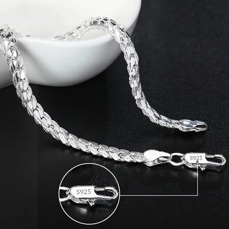 925 Sterling Silver Bracelet 6mm 18/20cm Flat Side Chain Lobster Clasp Bracelet For Woman Man Party Wedding Jewelry Holiday Gift