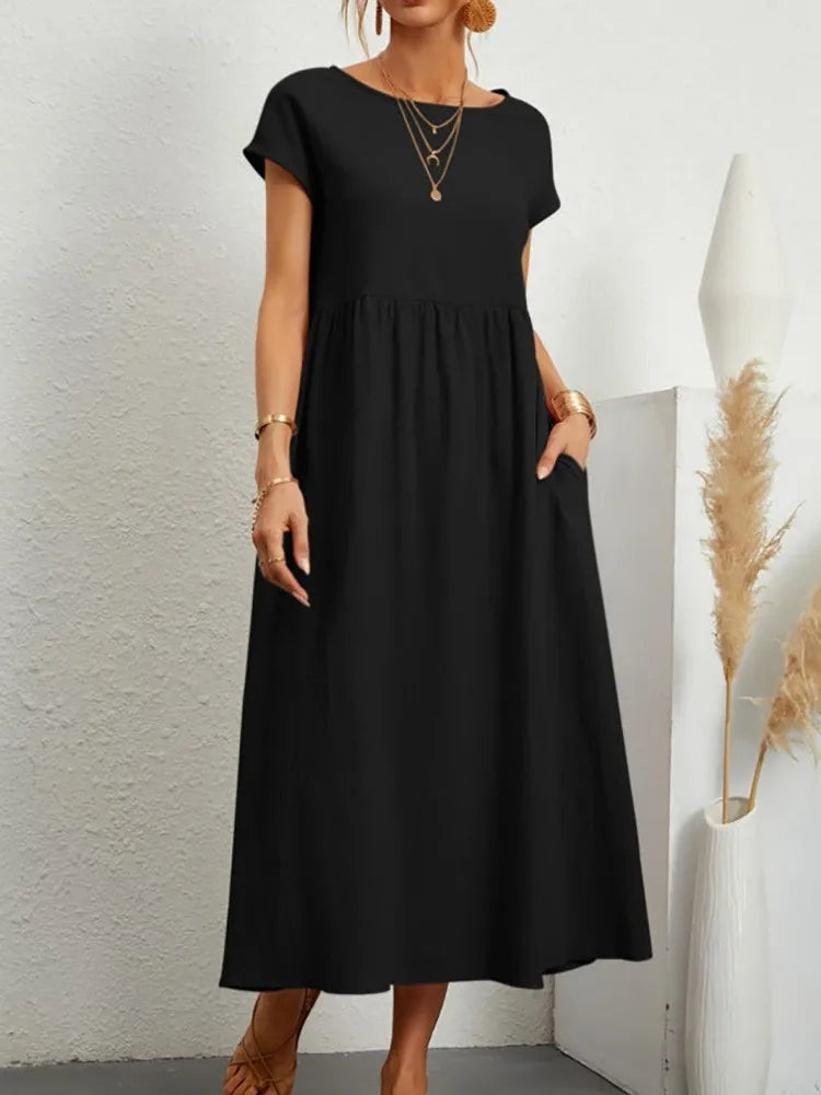 Women's Casual White Short Sleeve Midi Dress Summer Round Neck Cotton And Linen Vintage Loose Long Dresses With Pockets Y2K