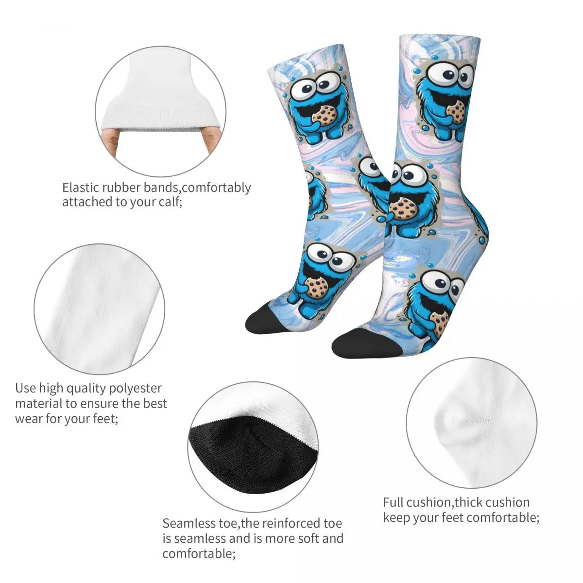 Crazy compression Blue Cute Sock for Men Harajuku Cookie Monsters Face Seamless Pattern Crew Sock Casual