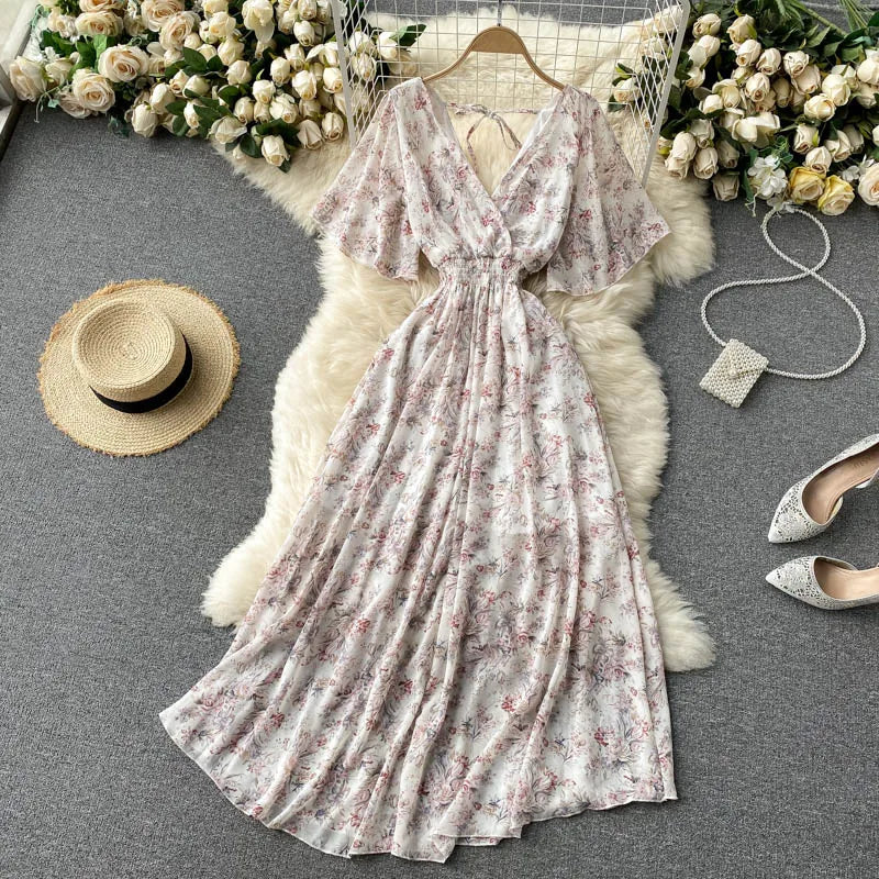 Retro Floral Print Ruffle Chiffon Elegant Midi Dress A-line V Neck Beach Vacation Dress Women Korean Fashion Summer Vestidos