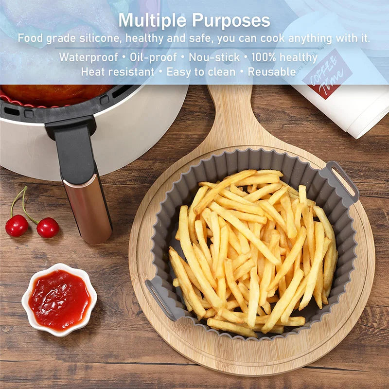 22cm Silicone Air Fryers Oven Baking Tray Pizza Fried Chicken Airfryer Basket Reusable Airfryer Pan Liner Accessories with Brush