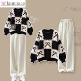 Loose Red Knitted Sweater and Casual Pants Set for Women, 2-Piece Outfits, Korean, Autumn and Winter, 2024