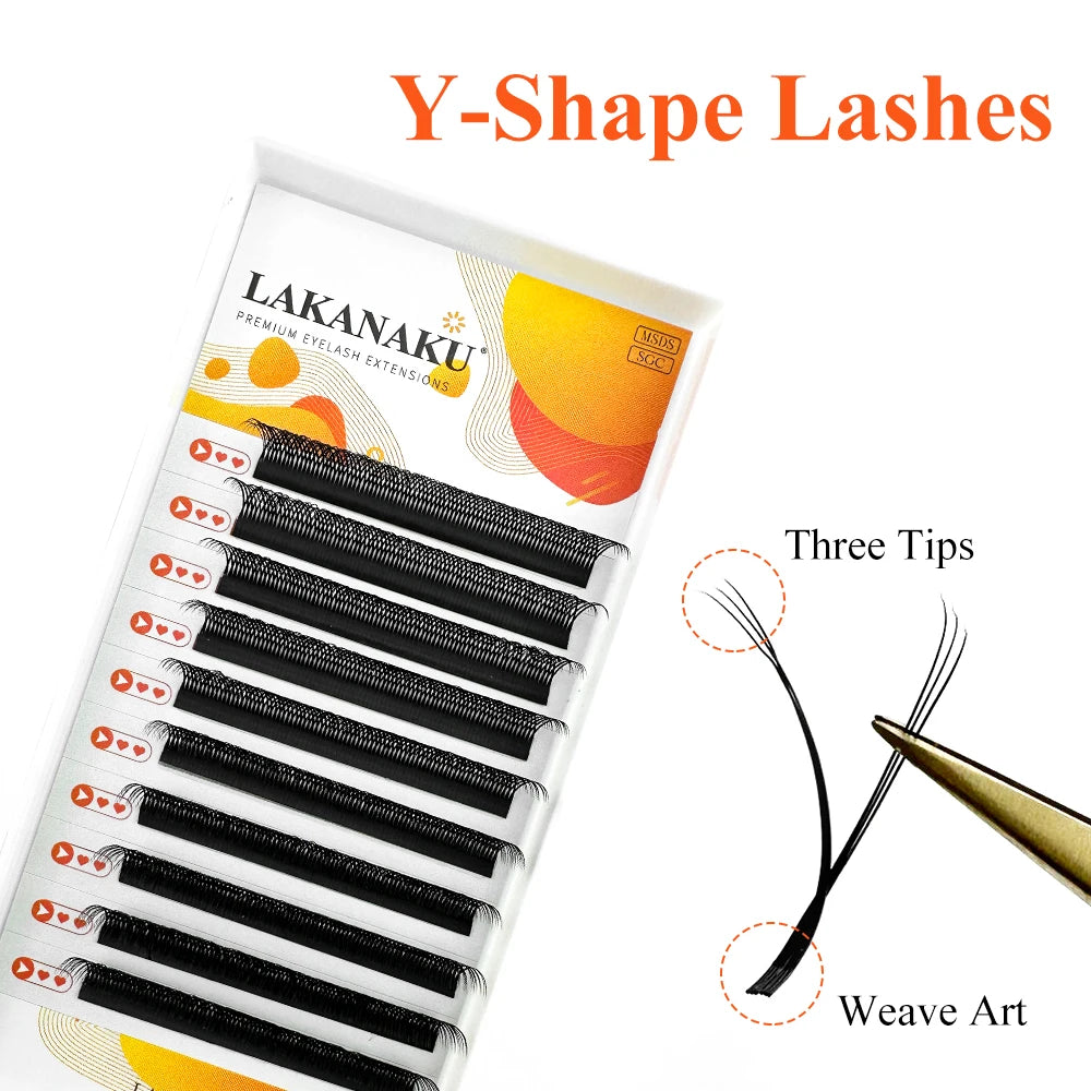 LAKANAKU 1D/2D/3D YY Cilia and Brazilian Volume Eyelashes Extension Mink Three Tips Y Soft PBT YY Eyelash Volume Brasileiro Y