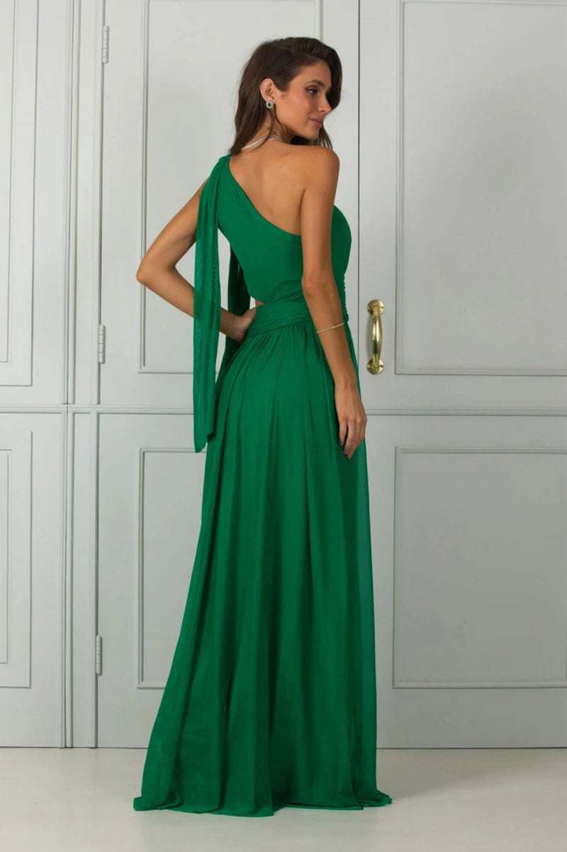 Fashion Green Ribbon Women Party Dress Sexy One Shoulder Hollow Out Evening Dresses Elegant Sleeveless Female Prom Vestidos Robe