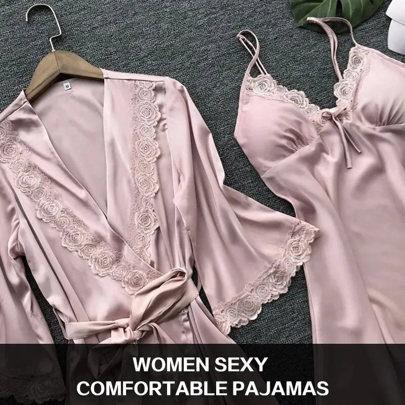 2PCS Leepwear Female Pajamas Set Satin Home Pyjamamas Lace Robe Sleep Suit V-Neck Wedding Nightwear Wear Nighty&Rob