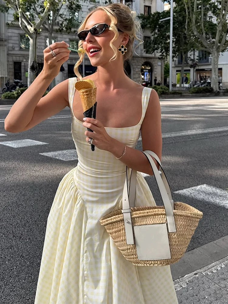 Elegant Sleeveless Pleat Mini Dress High Waist Square Neck Yellow Plaid Patchwork A-line Chic Women Robe 2025 Fashion Streetwear