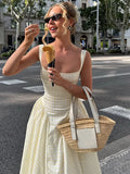Elegant Sleeveless Pleat Mini Dress High Waist Square Neck Yellow Plaid Patchwork A-line Chic Women Robe 2025 Fashion Streetwear