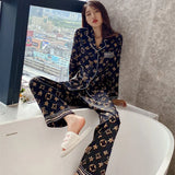 Large Size Pajamas Women Monogrammed Printed Girl Home Wear Two-Piece Cardigan Long-Sleeved Simple Wearable Ladies Loungewear