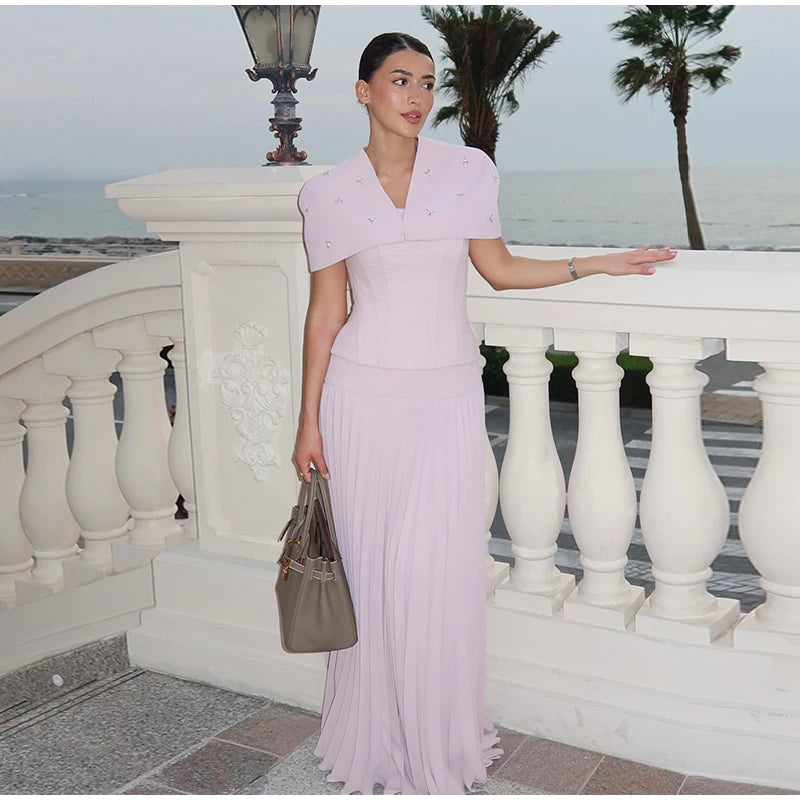Elegant Shawl Pleated Top Long Skirt Women Set Sleeveless Tops Diamond Shawl High Waist Fashion Evening Skirts Summer Lady Suit