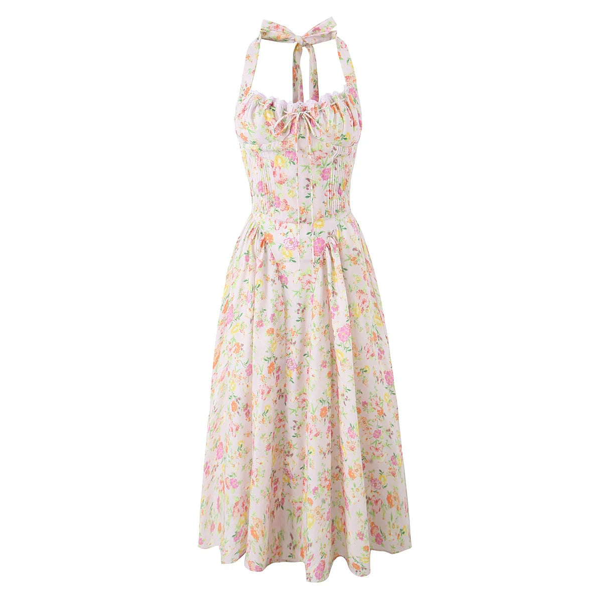 YENKYE Lace Trim Floral Print Halter Dress For Women Sexy Backless Low Waist Midi Summer Dresses Holiday Party Robe