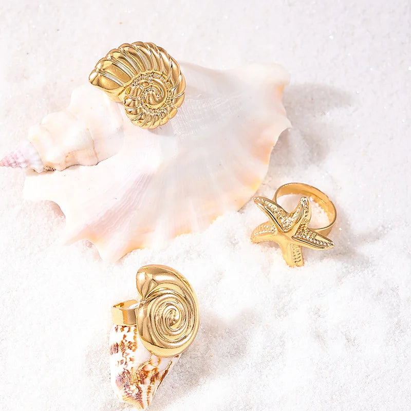 3Pcs/Set Fashion Metal Starfish Ring Set for Women Men Vintage Gold Color Conch Geometric Open Adjustable Finger Rings Jewelry