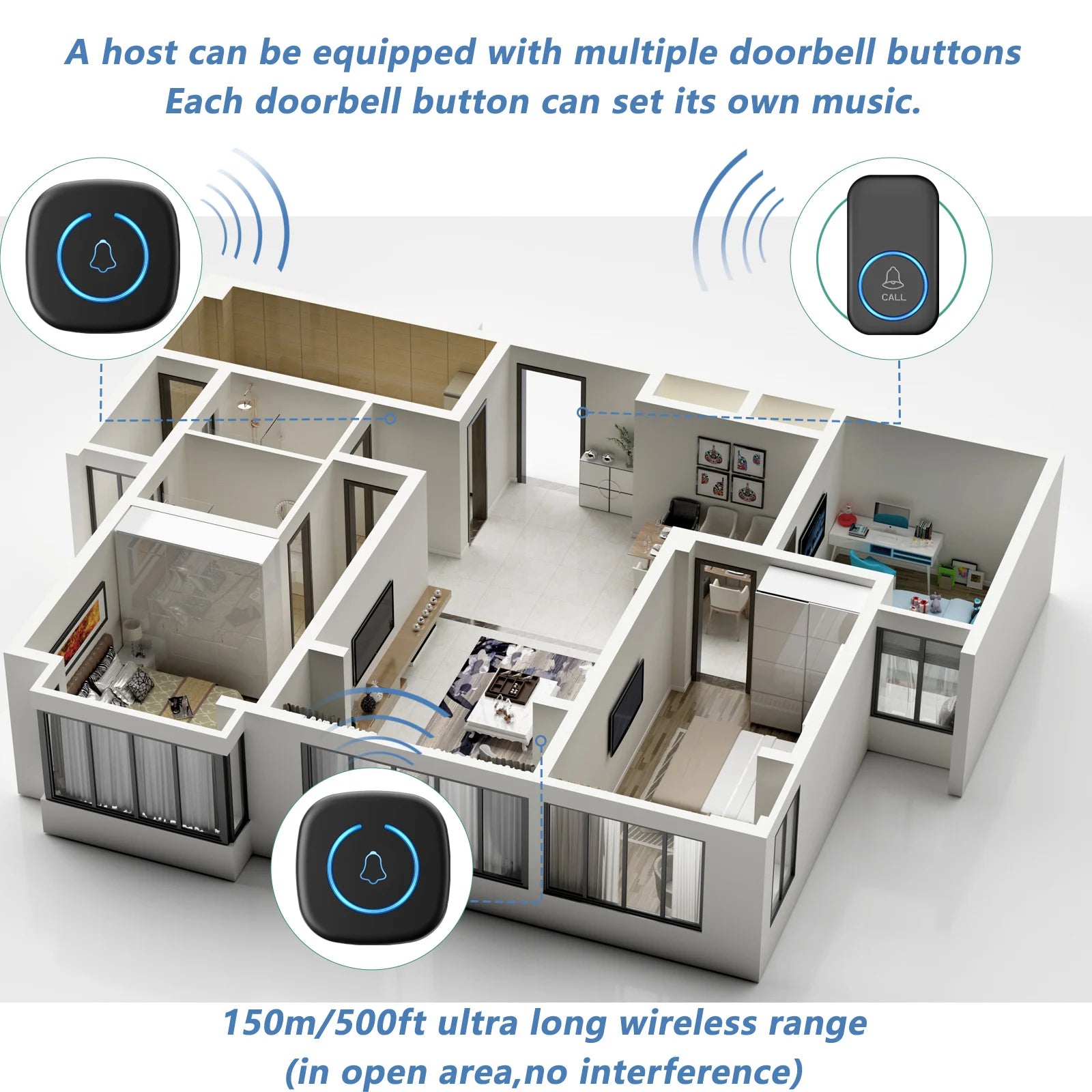 Wireless Doorbell Waterproof Welcome Chime Home Door Bell Intelligent 60 Songs Smart Melodies Alarm With CR2032 3V Battery