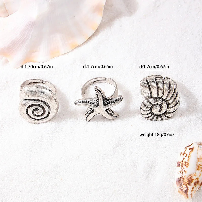 3Pcs/Set Fashion Metal Starfish Ring Set for Women Men Vintage Gold Color Conch Geometric Open Adjustable Finger Rings Jewelry