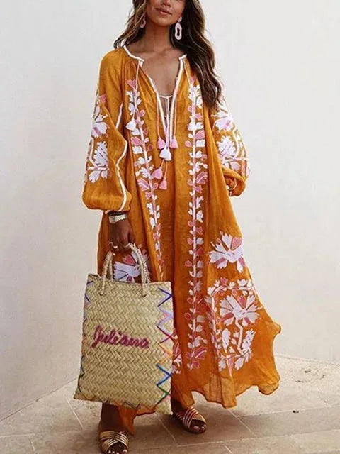 Boho Elegant Print Long Dress For Women Loose Casual V Neck Lace Up Big Hem Long Style Dresses 2024 Fashion New Lady Robe