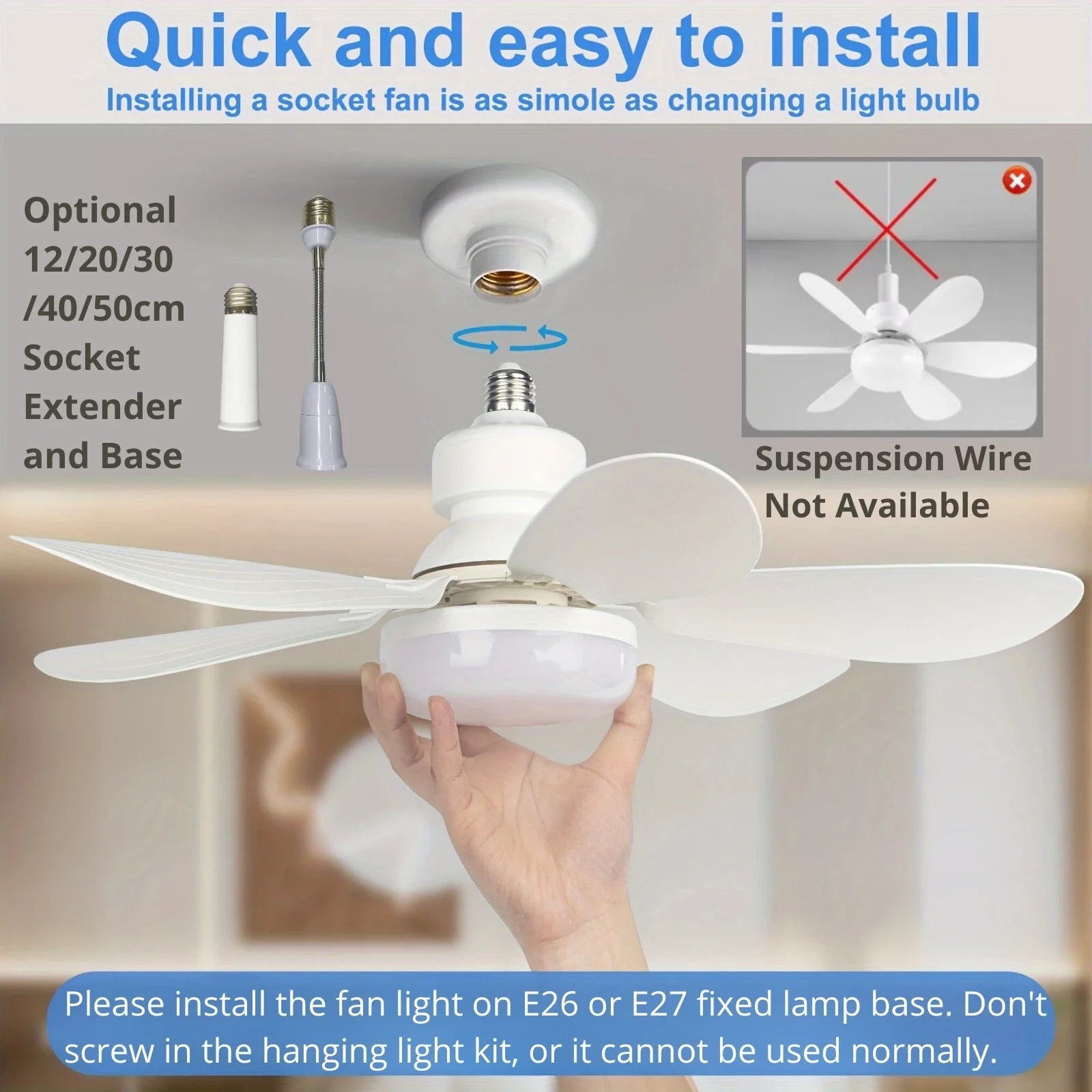 20.5in Ceiling Fan Light with Remote, 40W Socket Fan with LED, E27 Cordless Screw Electric Fan for Kitchen, Bedroom, Small Rooms