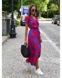 Summer Polka Dot Split Hem Long Dress Women 2023 New Fashion V Neck Print Sundress Vestidos Short Sleeved Waisted Lace-up Dress