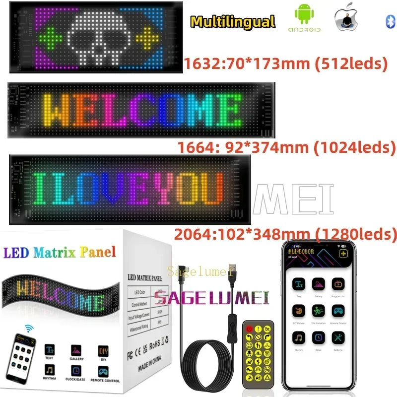 Multilingual Car LED Matrix Pixel Panel Scrolling Advertising 5V USB Smart App Remote Control Car Truck Devil's Eye Signs Light