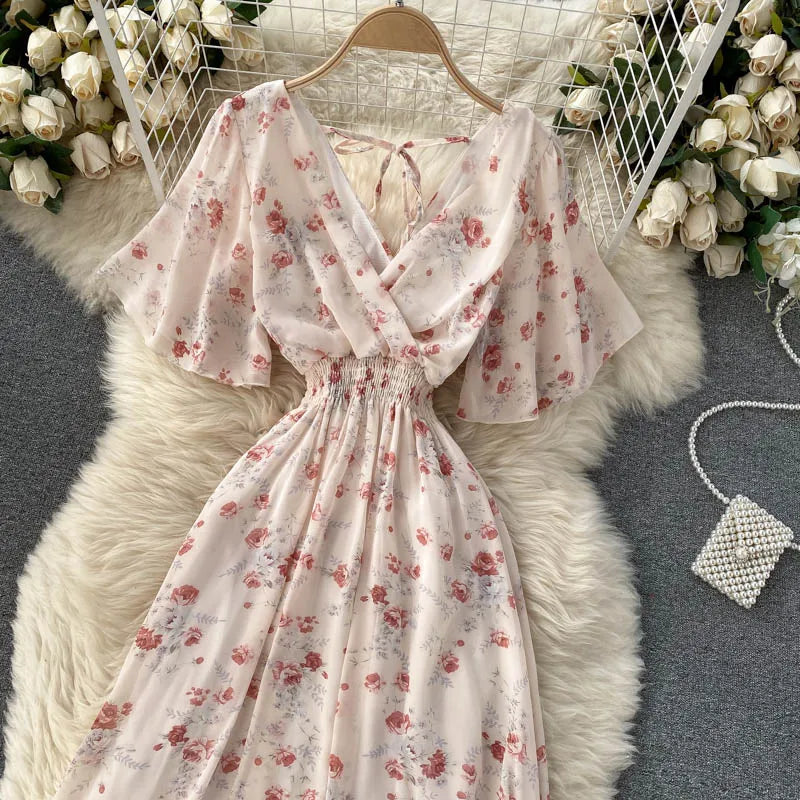 Retro Floral Print Ruffle Chiffon Elegant Midi Dress A-line V Neck Beach Vacation Dress Women Korean Fashion Summer Vestidos