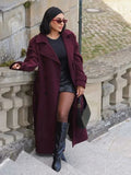 Elegant Faux Wool Long Coats With Belts 2024 Autumn Winter Women's Lapel Overcoat Chic Double Breasted Lady Jacket High Ste=reet