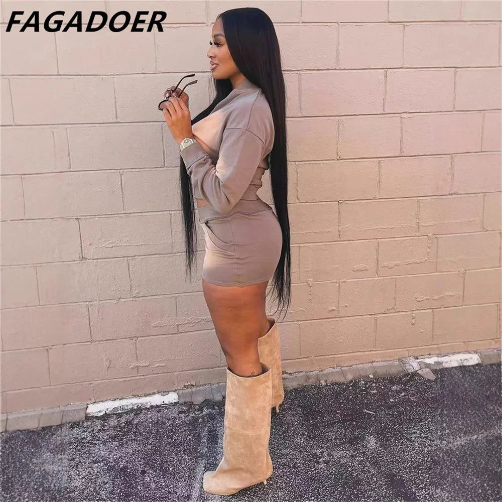 FAGADOER Pink Tie Dye Print Two Piece Sets Women Outfits Fashion Zip Pocket Long Sleeve Crop Top And High Waist Skirts Clothing